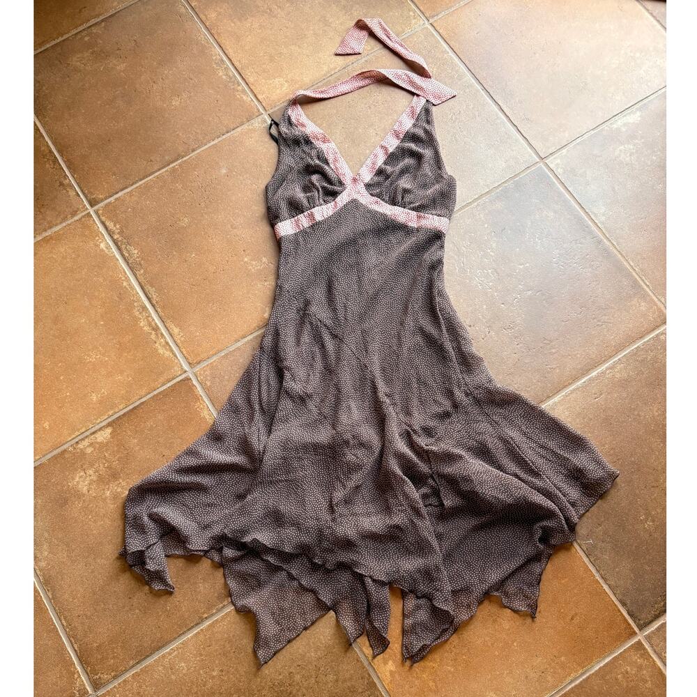 Y2K Midi Halter Dress in Brown with Pink Trim